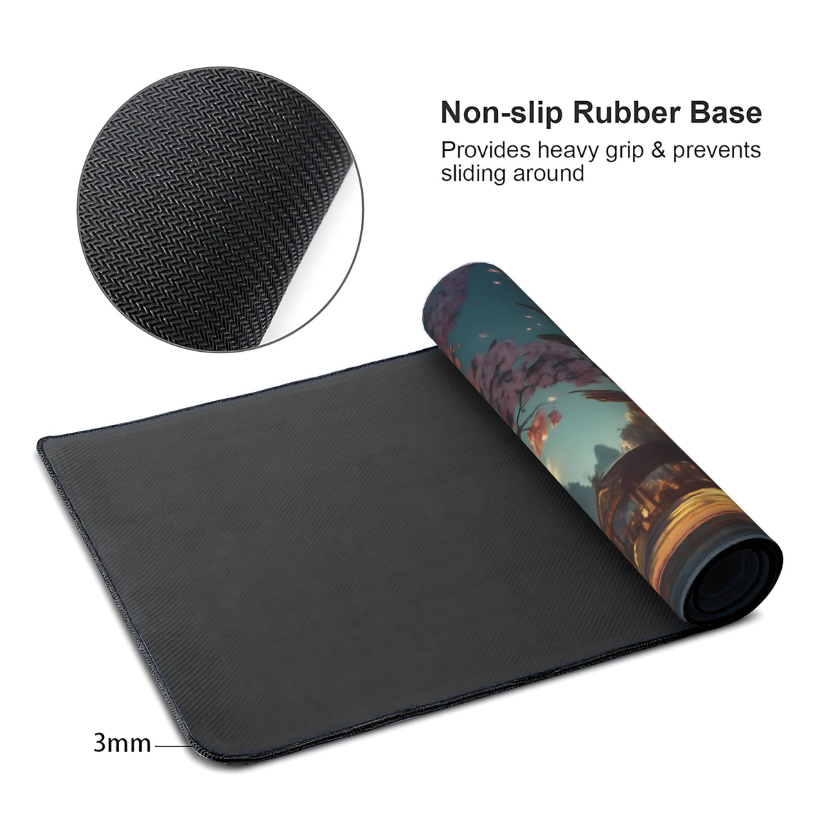 Aesthetic Scenery Gaming Mouse Pad, Blue Pink Japanese Desk Mat with Anti-Slip Base & Stitched