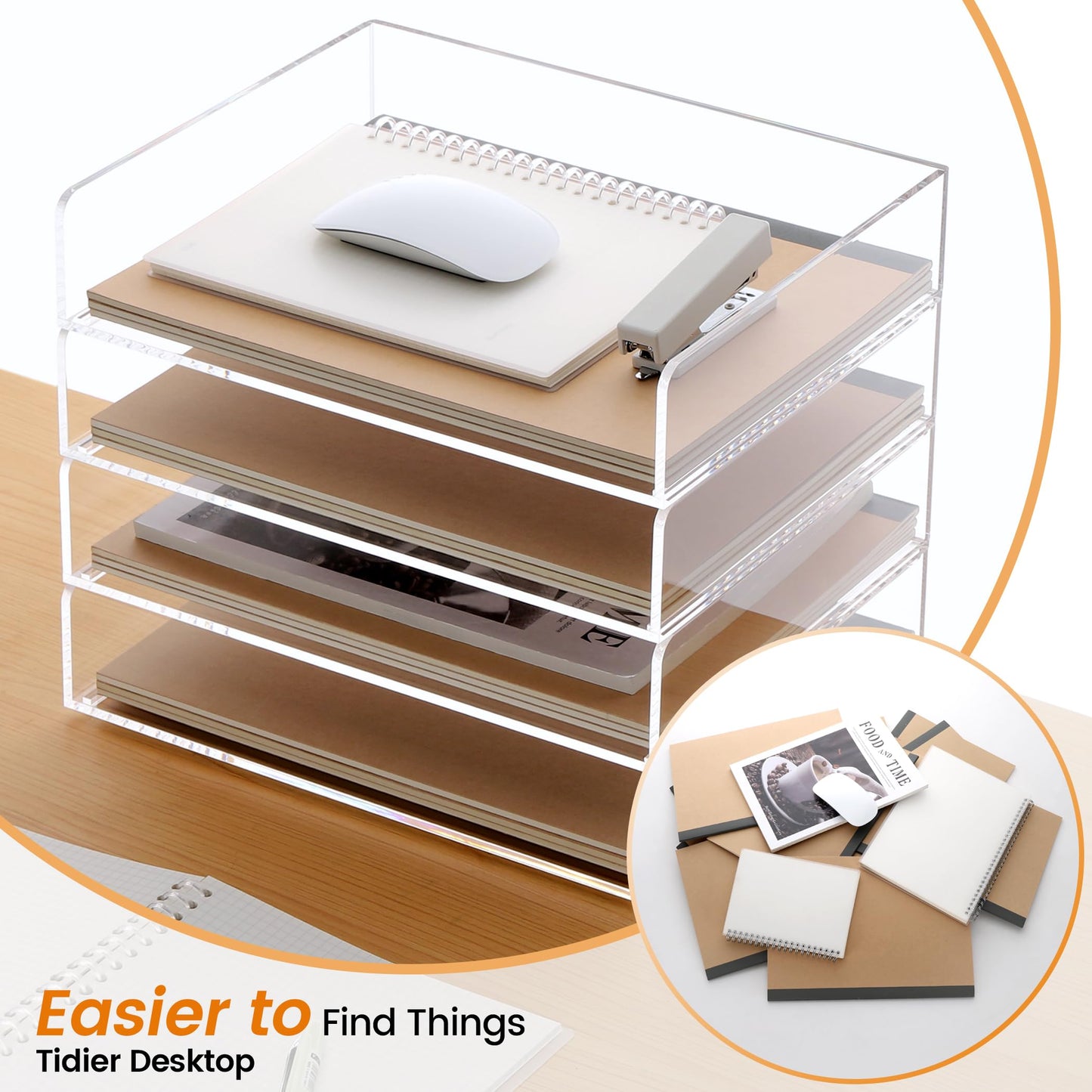 Acrylic Paper Tray, 4 Tier Paper Organizer for Desk, Clear Acrylic Desk Organizers, Stackable