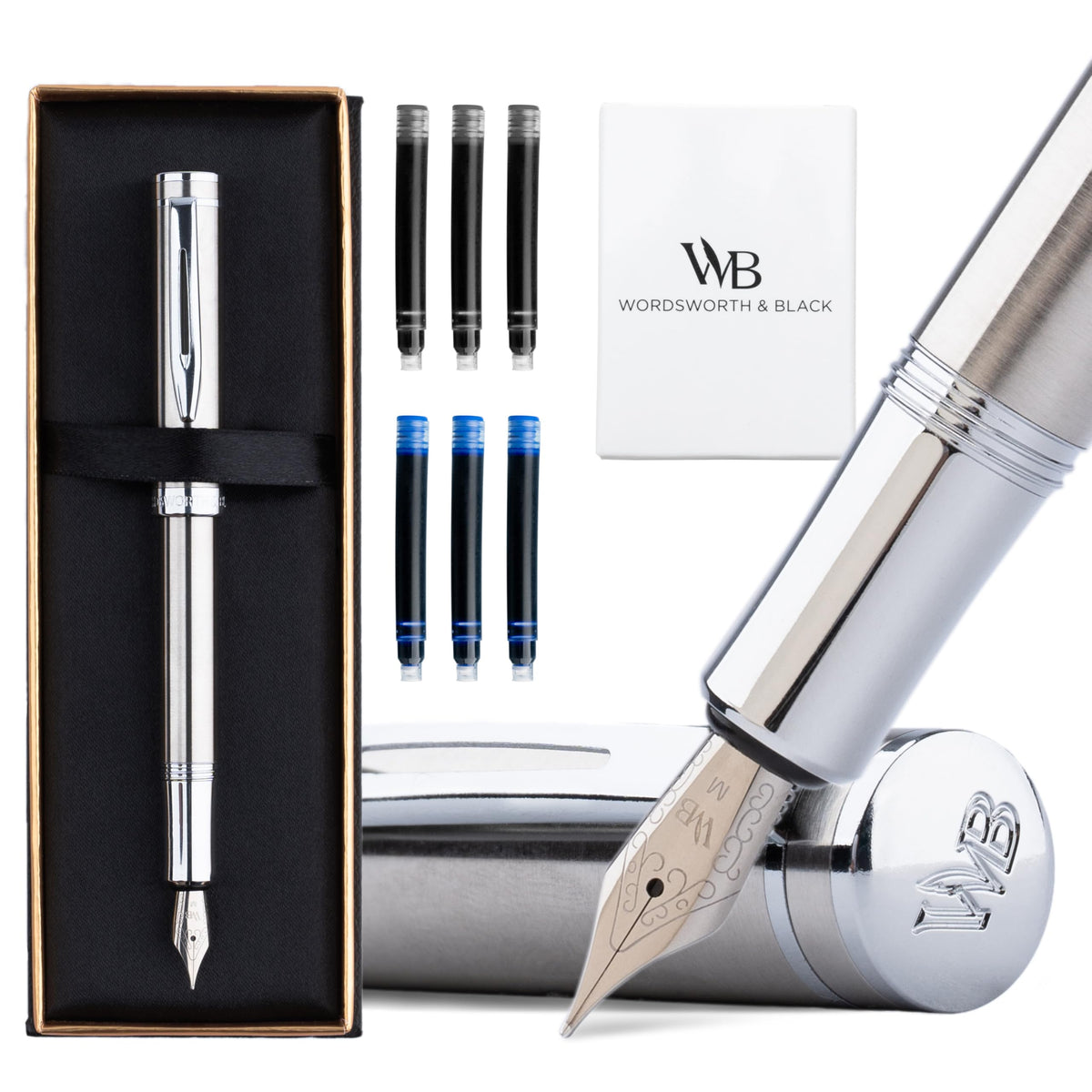 Wordsworth & Black Mini Pocket Fountain Pen for Writing, Medium Nib, Silver