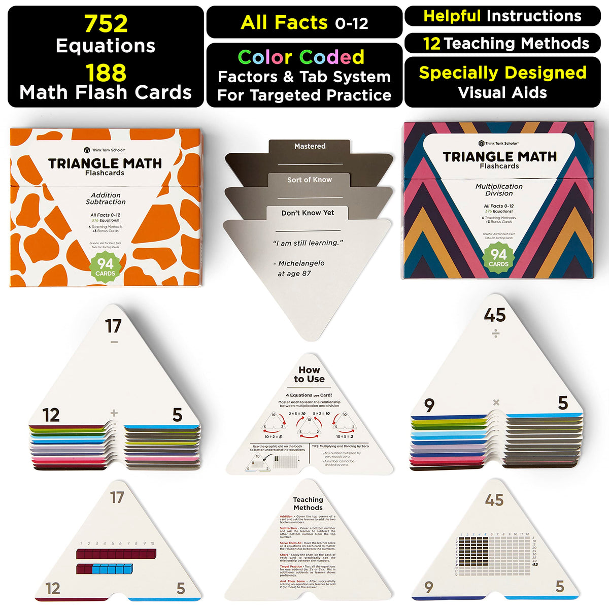 Award-Winning Triangle Math Flash Cards – 752 Facts (Add, Subtract, Multiply & Divide) – Grades K–6