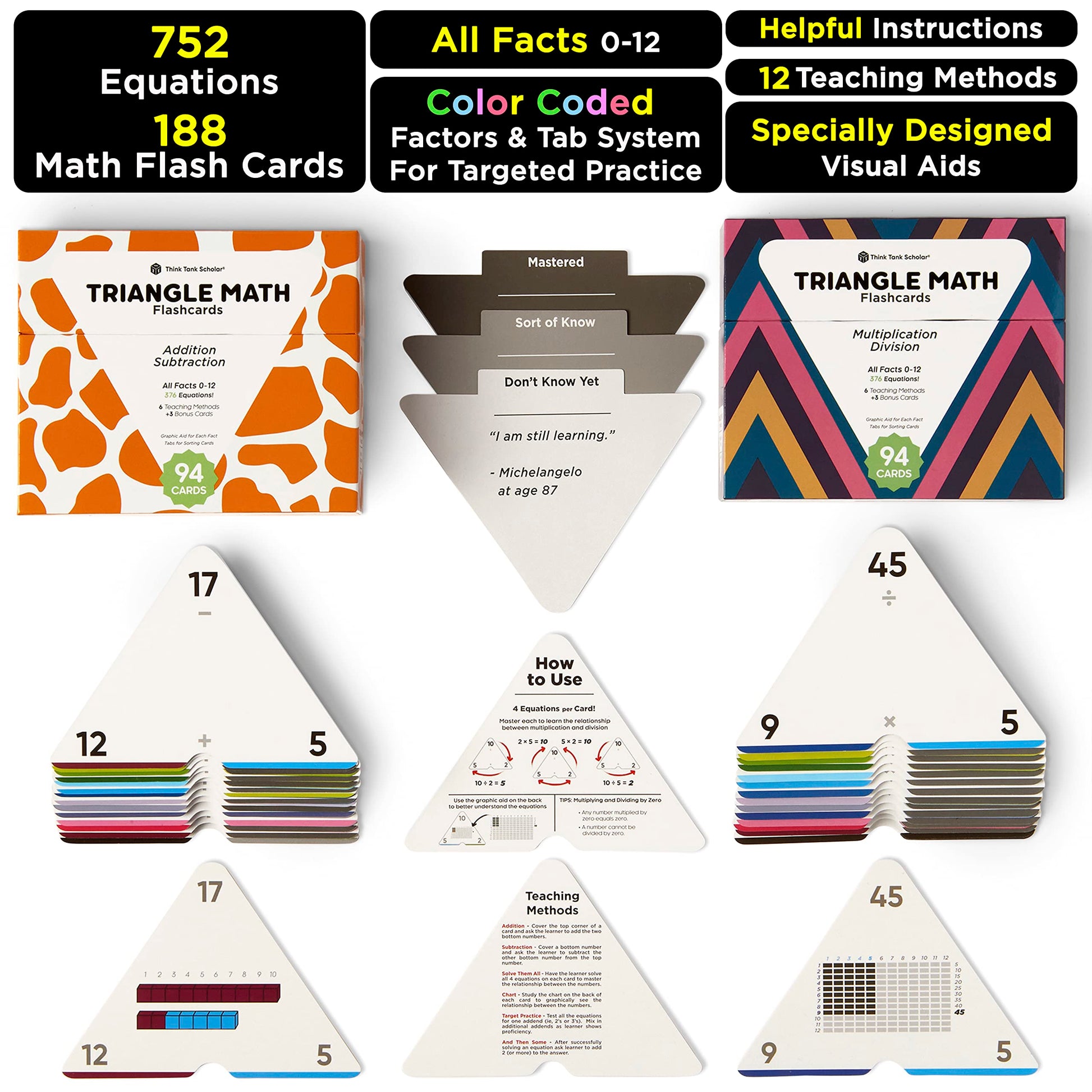 Award-Winning Triangle Math Flash Cards – 752 Facts (Add, Subtract, Multiply & Divide) – Grades K–6