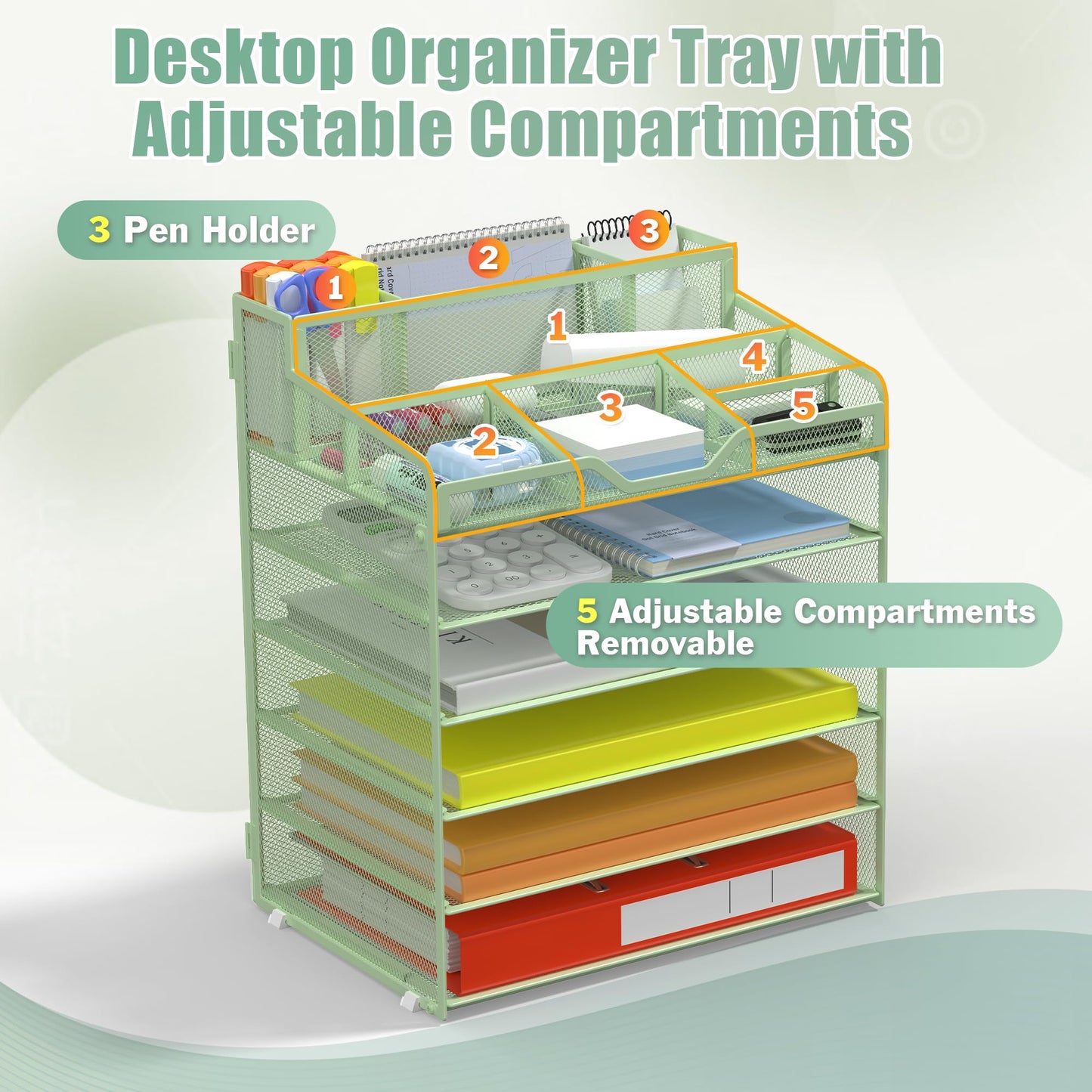 Docnest 6 Tier Mesh Desk Organizer with Letter Tray & Paper Sorter, Green