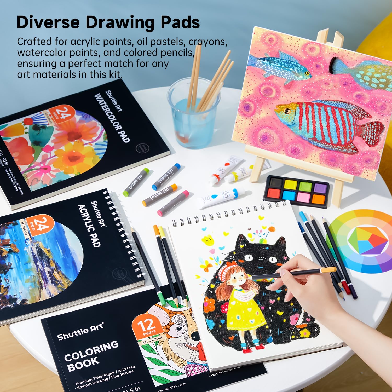 Shuttle Art Deluxe Gift Art Kit, 202-Piece Wooden Art Supplies Set with 4 Drawing Pads, Canvases
