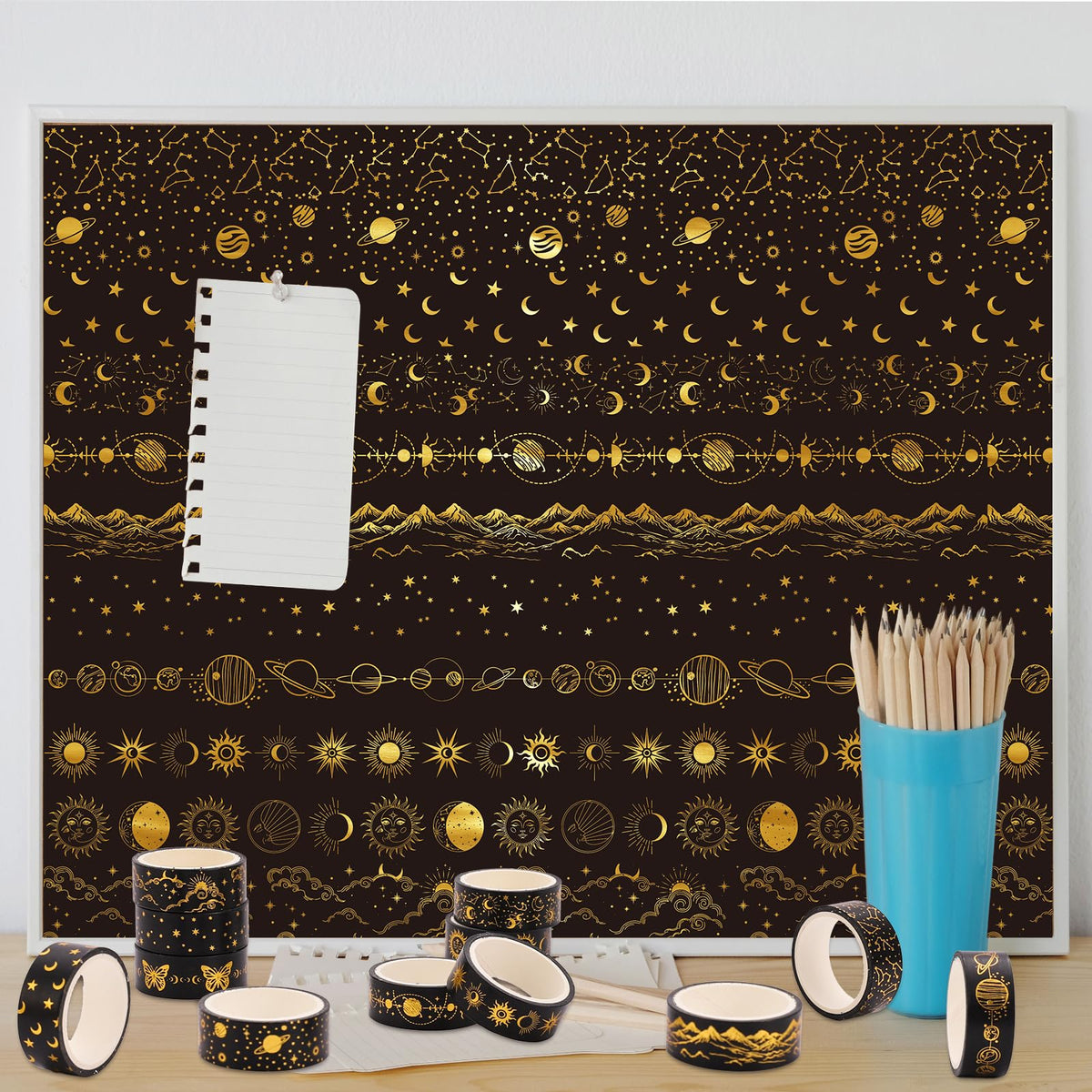 Whaline 12 Rolls Gold Foil Galaxy Washi Tape Black Gold Sun Moon Star Masking Tape Set Decorative