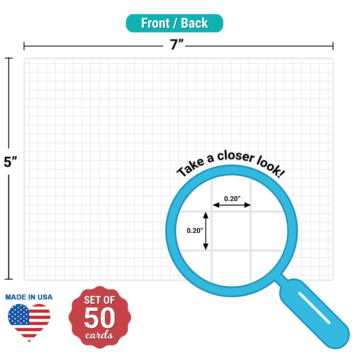 321Done Graph Index Cards, Large 5x7, Set of 50, 0.20" Grid Squares, White