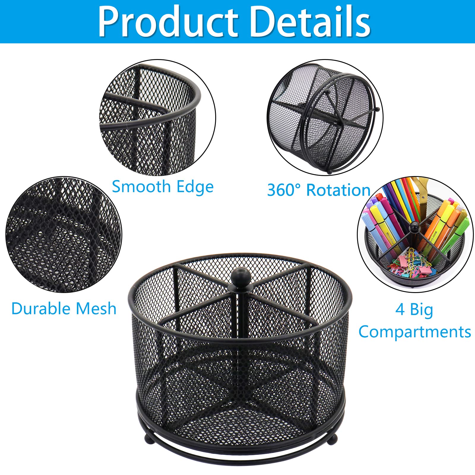 Flytreal Pen Holder for Desk, 360 Rotating Mesh Pencil Organizer Marker Storage Caddy, Black Large