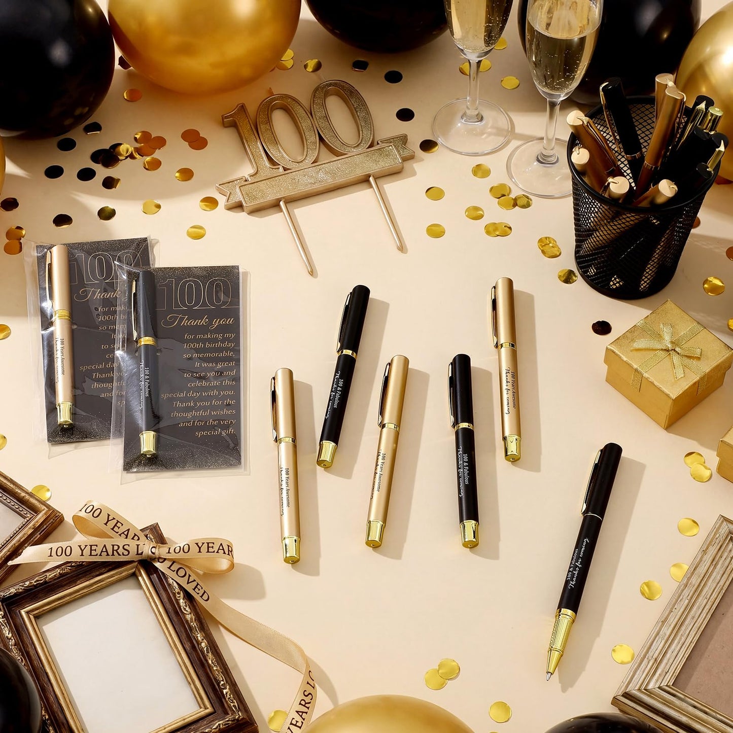 Feifeiya 50 Set 100th Birthday Favors with Black Gold Pens Cards