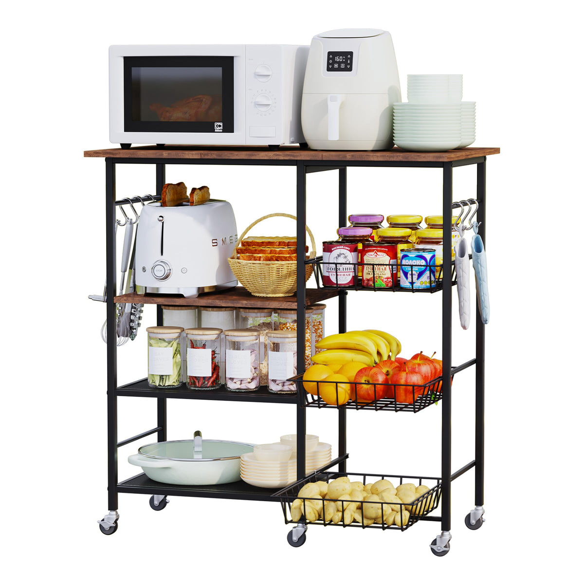 HapiRm Rolling Kitchen Microwave Cart - 4 Tier Microwave Table Stand with Pull-Out Baskets, Coffee