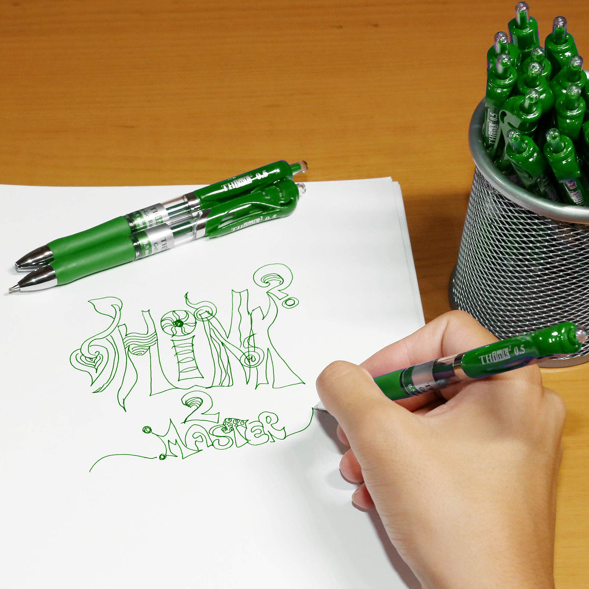 [24 Pens - Green Ink] Think2 Retractable Gel Pens. (24 Green) Fine Point (0.5mm) Rollerball Pens