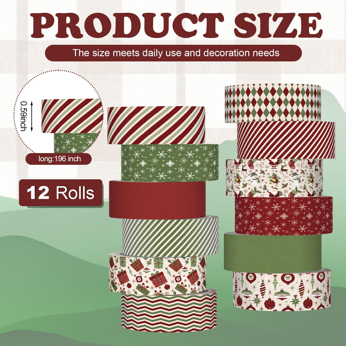 YooNotee 12 Rolls Vintage Washi Tape Set,Red and Green,Christmas