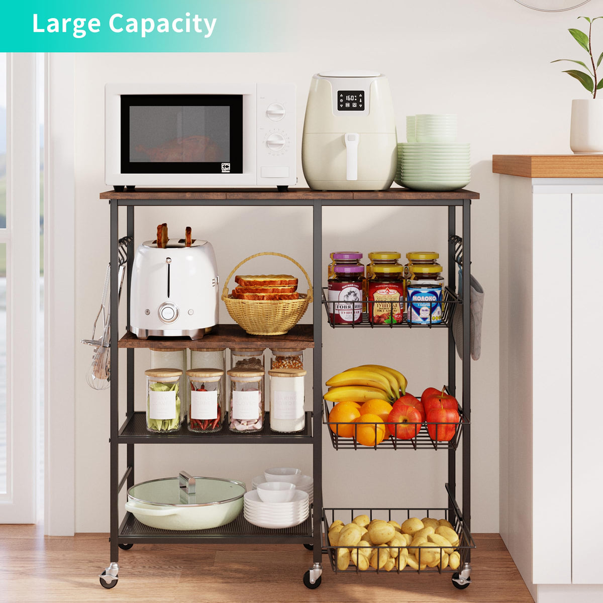 HapiRm Rolling Kitchen Microwave Cart - 4 Tier Microwave Table Stand with Pull-Out Baskets, Coffee