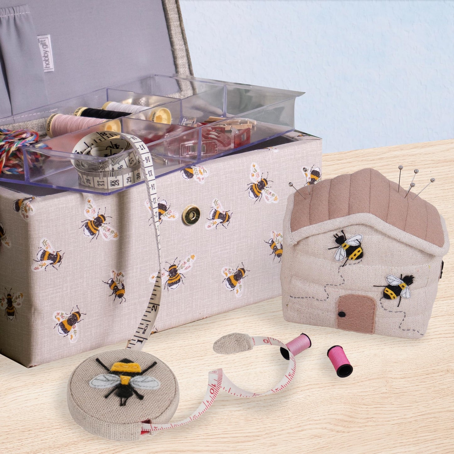 Hobby Gift Bee Sewing Gift Set with Fabric Sewing Box, Matching Pin Cushion and Tape Measure
