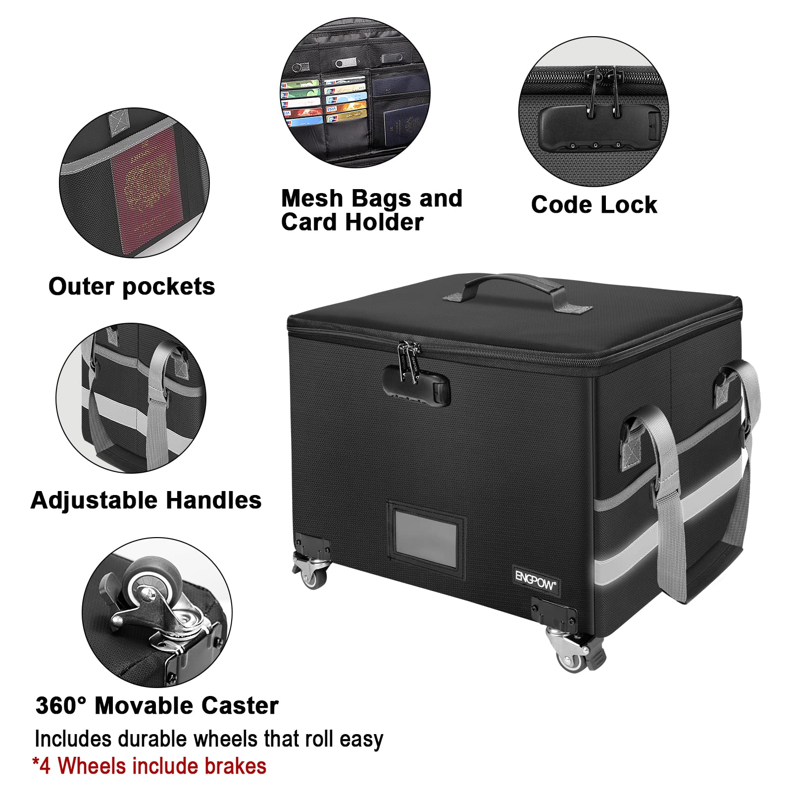 ENGPOW Fireproof Document Box with Wheels, Collapsible File Box with Lock, Rolling File Storage