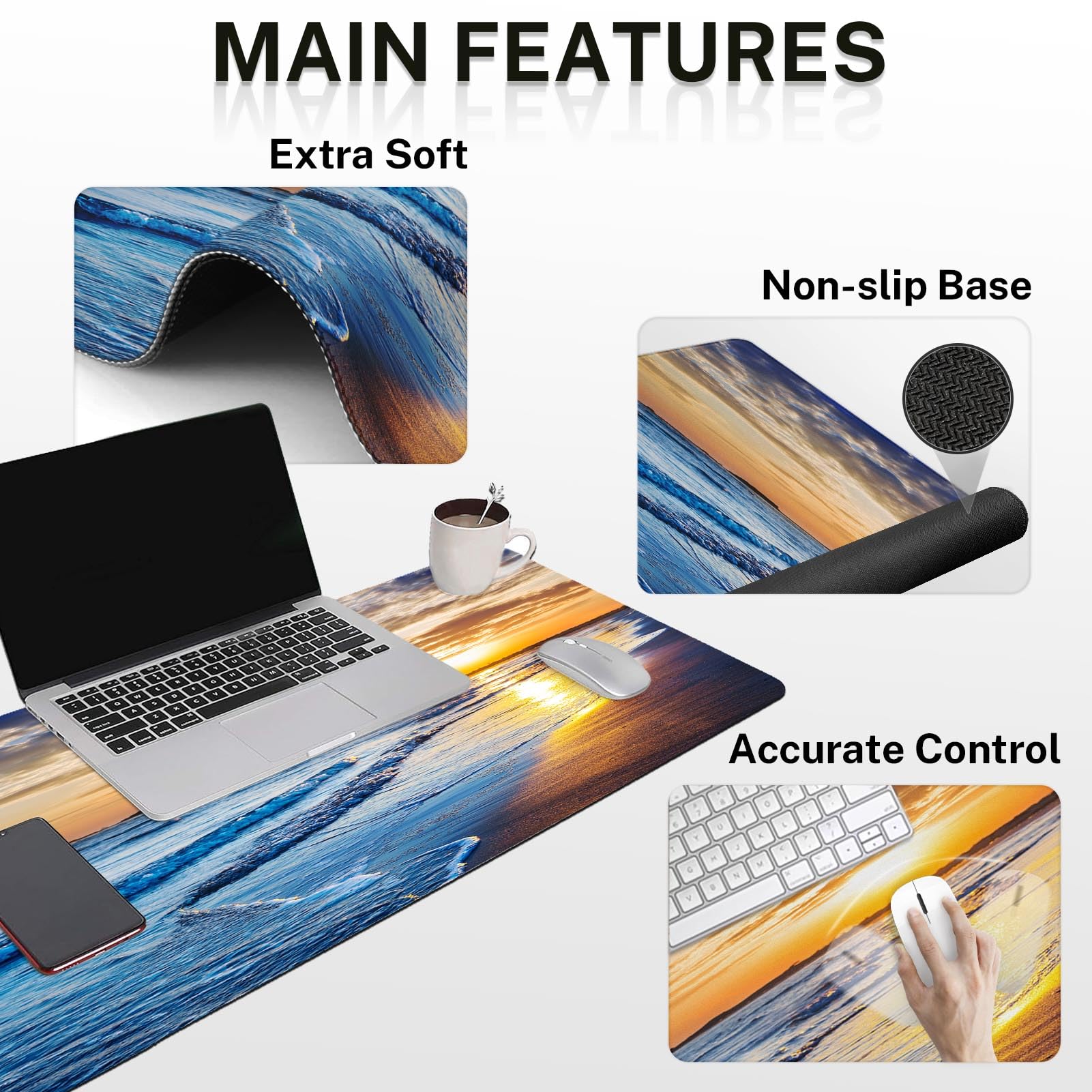 Arttown Keyboard Mouse Pad Set, 4 in 1 Desk Mat Set Ocean Beach Sunset