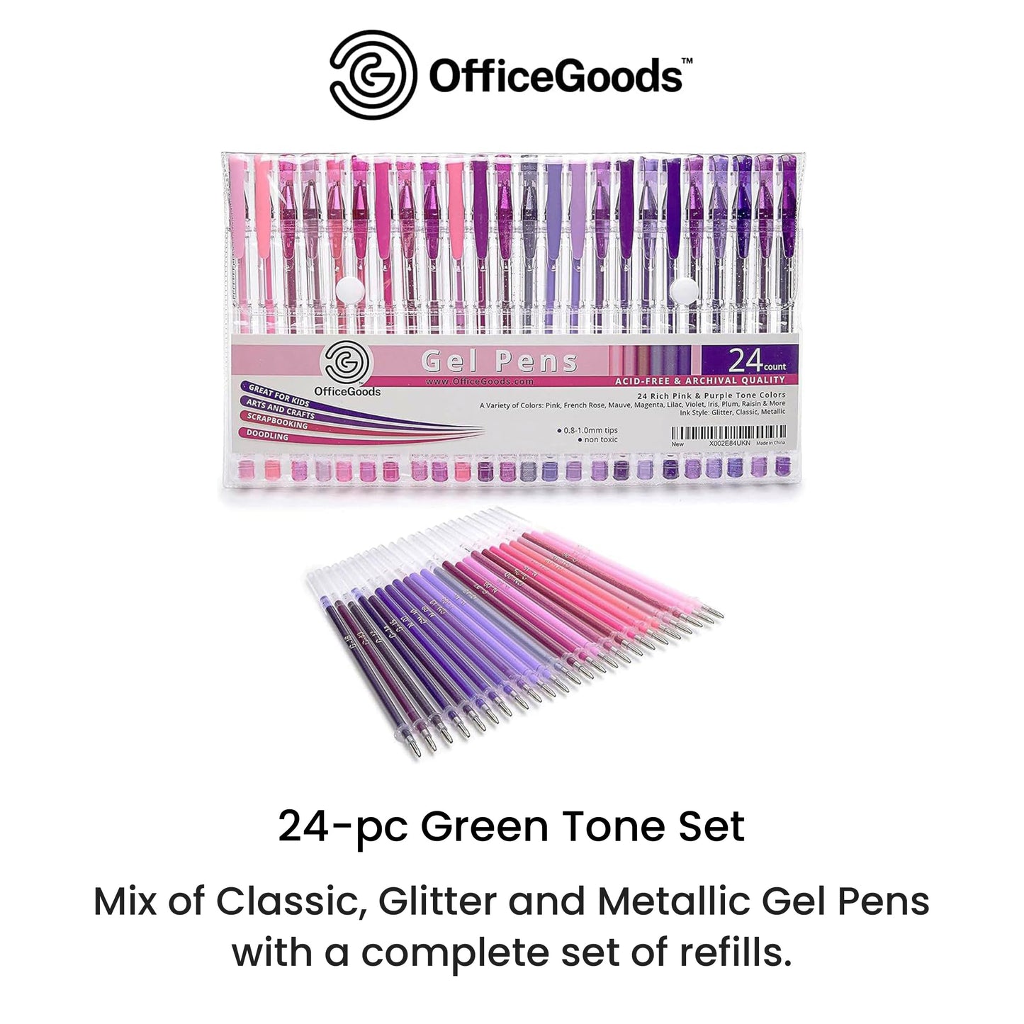 OfficeGoods Pink and Purple Gel Pens with Refills, 0.8-1.0mm Tips, 12 Pack