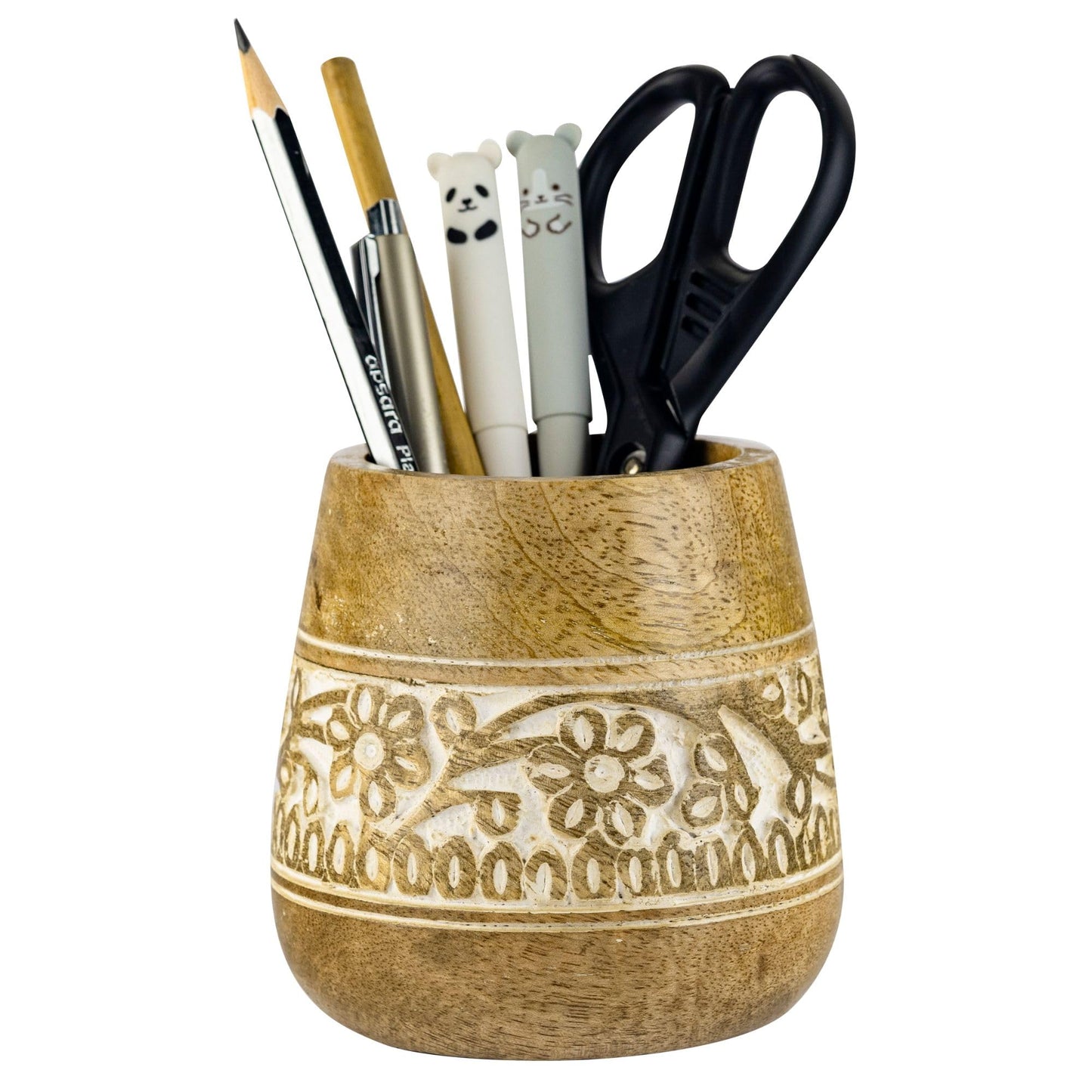 Mie Creations Farmhouse Pencil Holder for Desk, Wooden, White Floral 4''