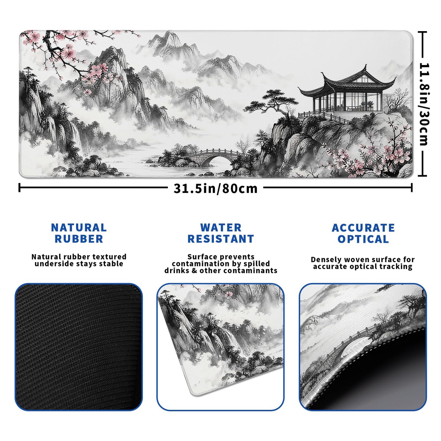 Japanese Black and White Cherry Blossoms Mouse Pad Abstract Mouse Pad 31.5x11.8 Inch Texture