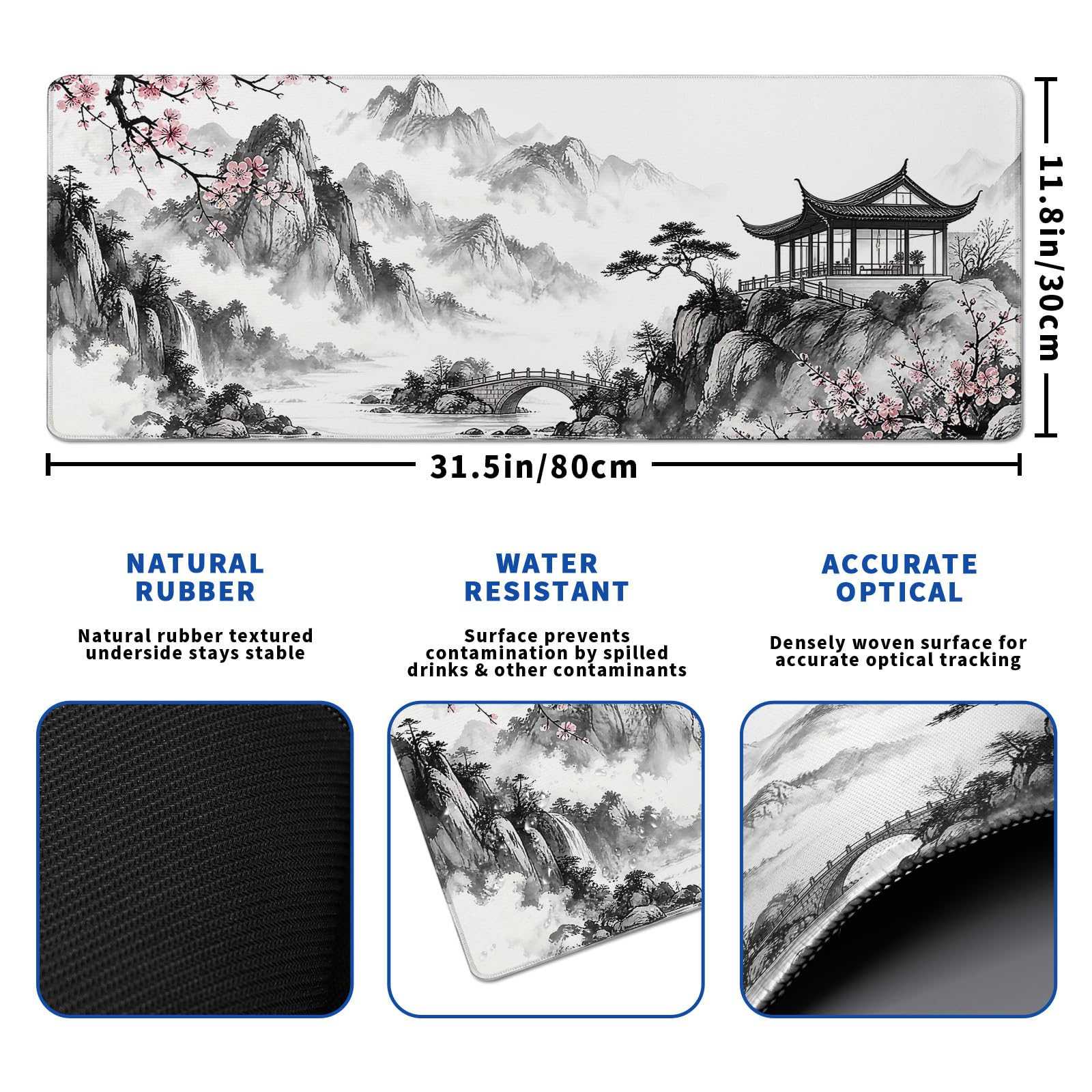 Japanese Black and White Cherry Blossoms Mouse Pad Abstract Mouse Pad 31.5x11.8 Inch Texture