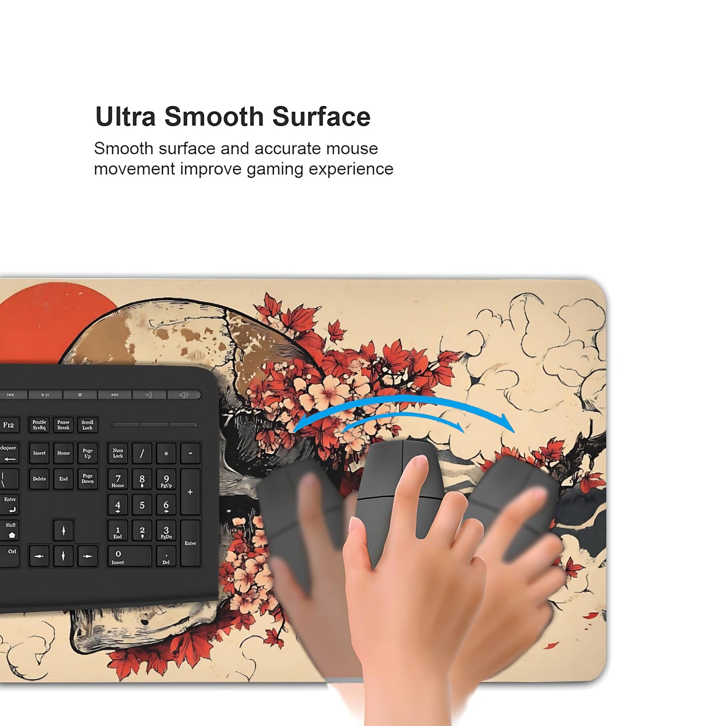 Aesthetic Skull Gaming Mouse Pad, Beige Red Japanese Desk Mat with Anti-Slip Base & Stitched Edges