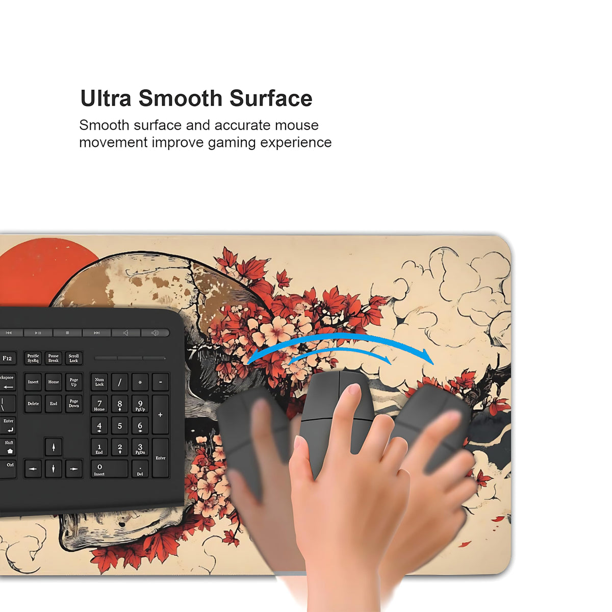 Aesthetic Skull Gaming Mouse Pad, Beige Red Japanese Desk Mat with Anti-Slip Base & Stitched Edges