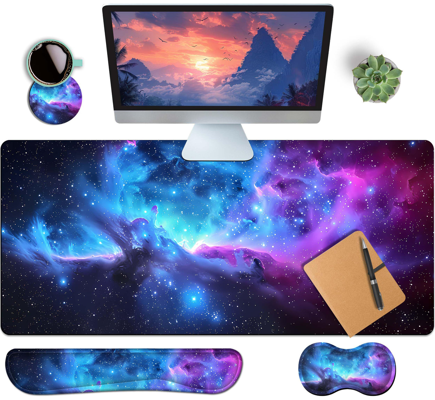 HaoSiTeck 4-Piece Extended Large Mouse Pad Set for Women Men with Galaxy Design Includes 35.4 x