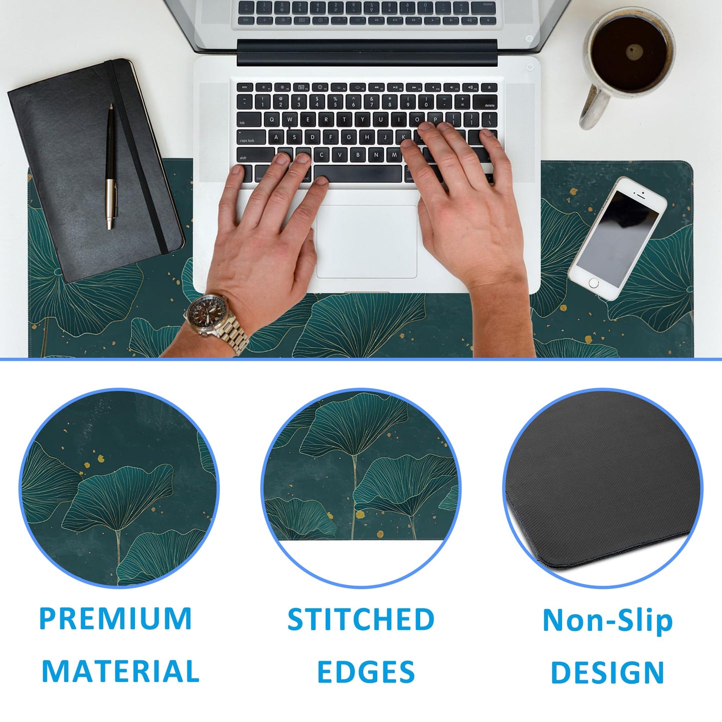 EOBKLAX Mouse Pad,Lotus Leaves in Gold Line Desk Mat for Desktop,Desk Pad with Non-Slip Base and
