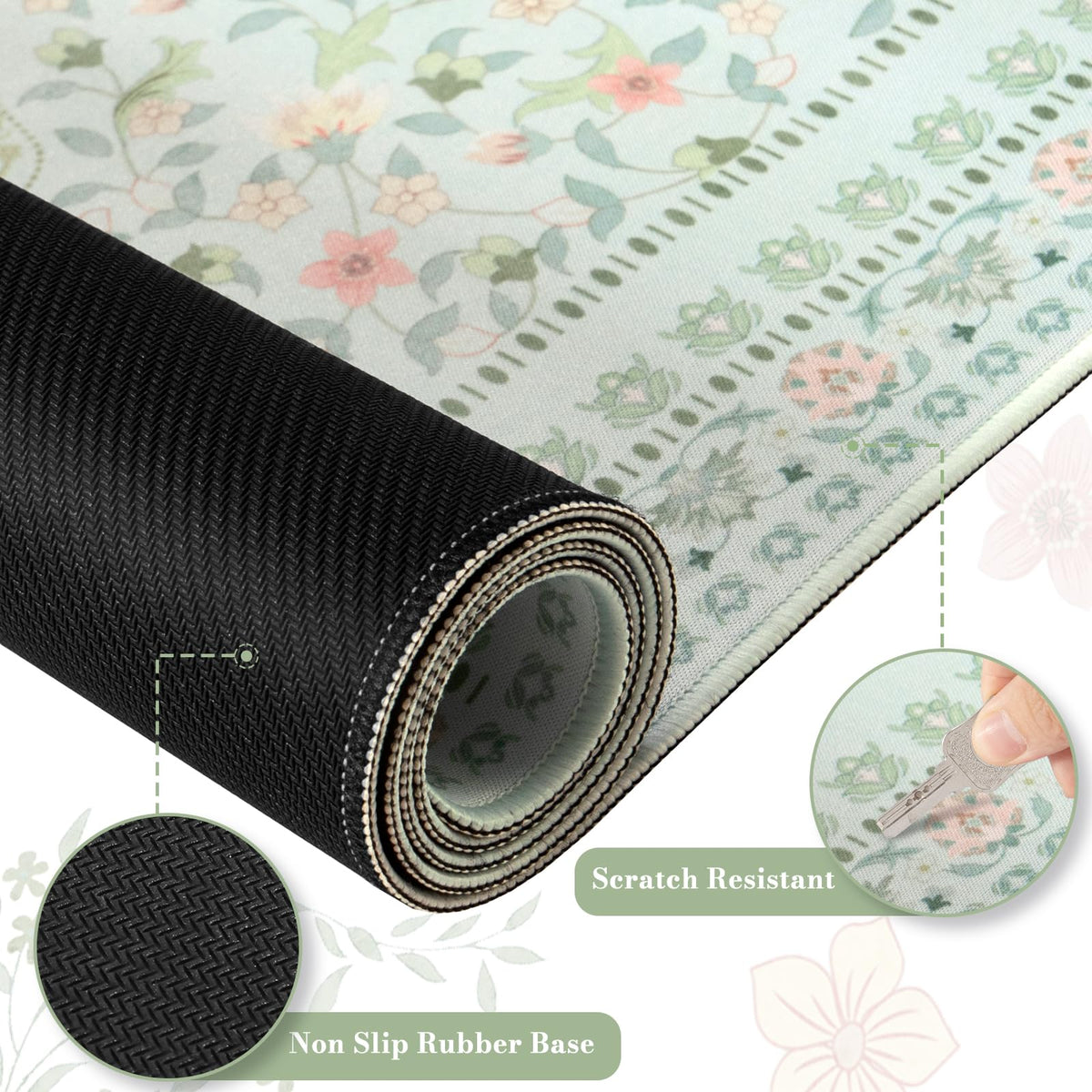 HAOCOO Light Green Floral Desk Pad, 35.4" x 15.7" Mousepad for Home Decor