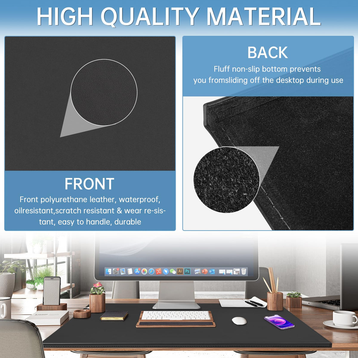 AKOZLIN 35.4"x22.8" Soft PU Leather Surface Office Desk Mouse Mat Pad with Full Grip Fixation Lip