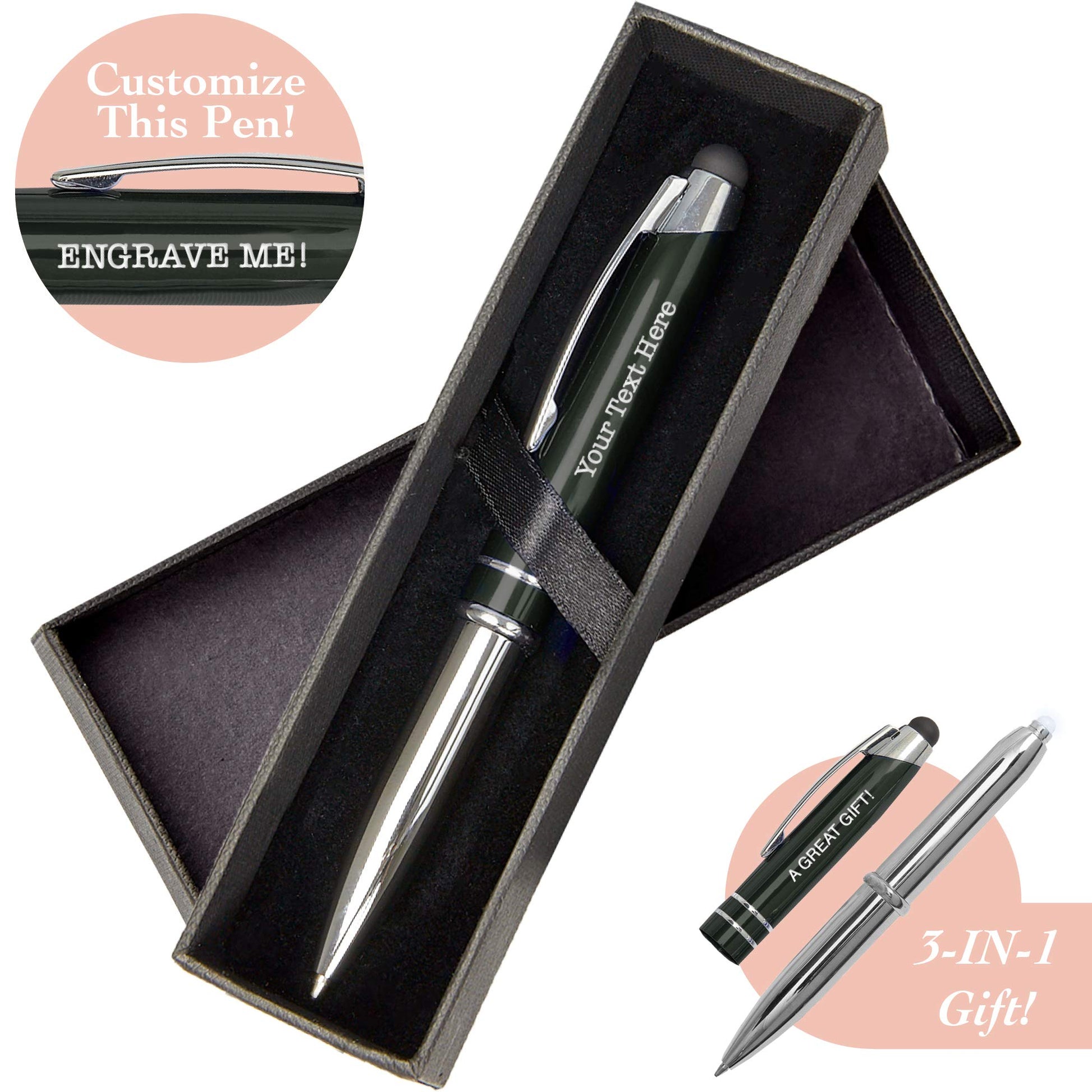 Personalized Pen, 3-in-1 Ballpoint Pen, Touch Screen Pen Stylus, & Flashlight- Customized for Men