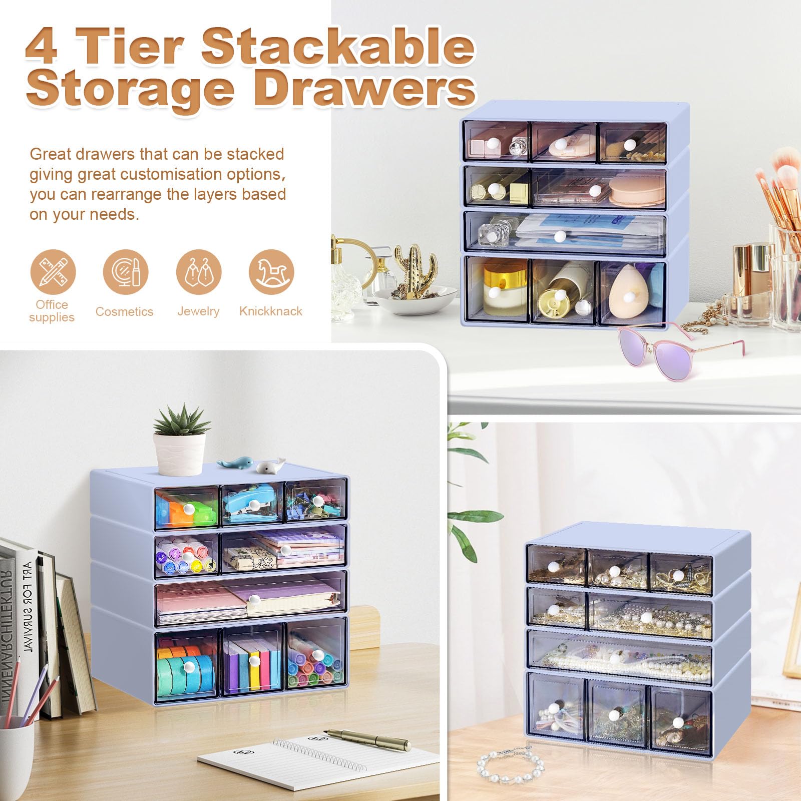 MYKASEN Desk Organizer with 9 Drawers, 4 Tier Plastic Stackable Storage Drawers for Desk Storage