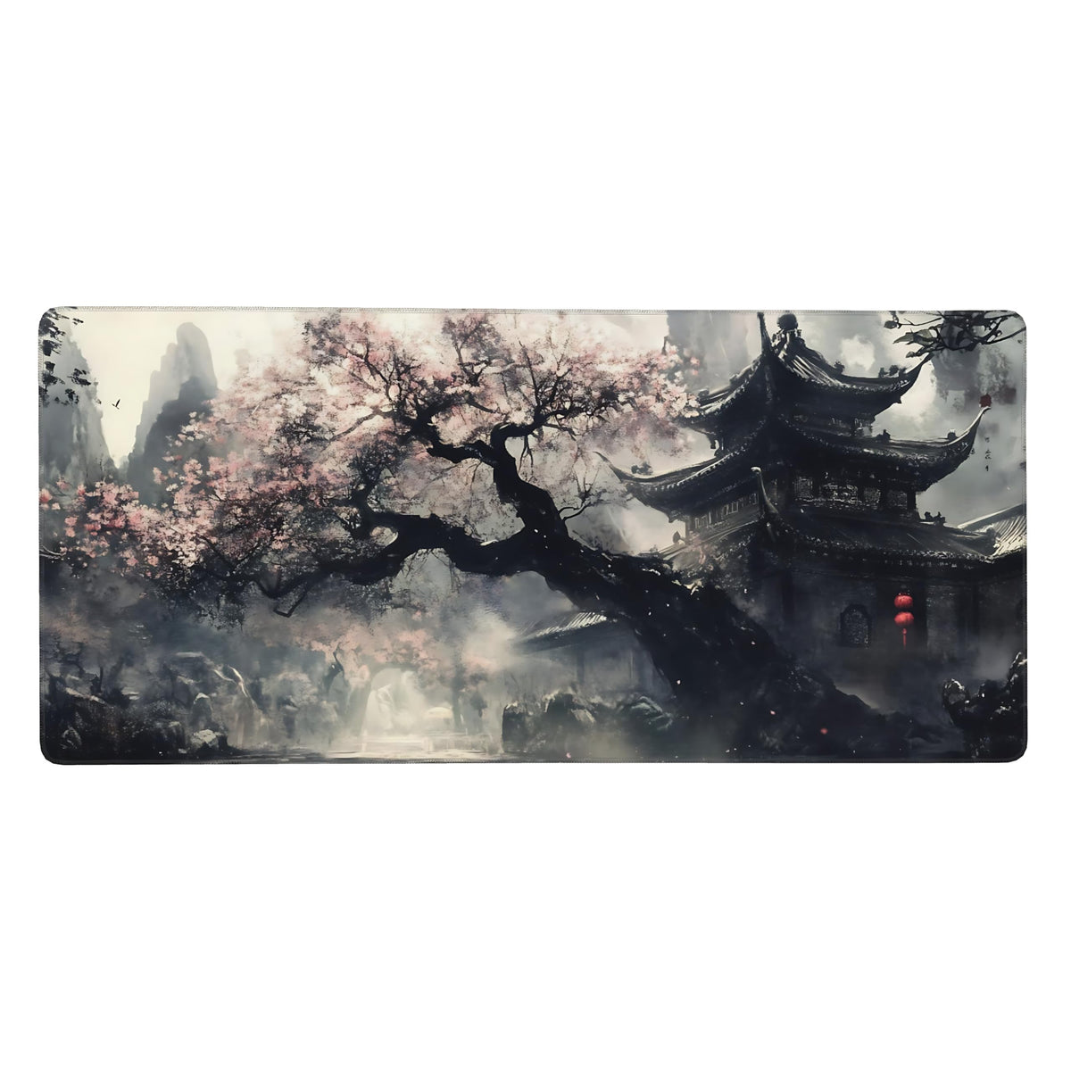 Aesthetic Scenery Gaming Mouse Pad, Black White Japanese Desk Mat with Anti-Slip Base & Stitched