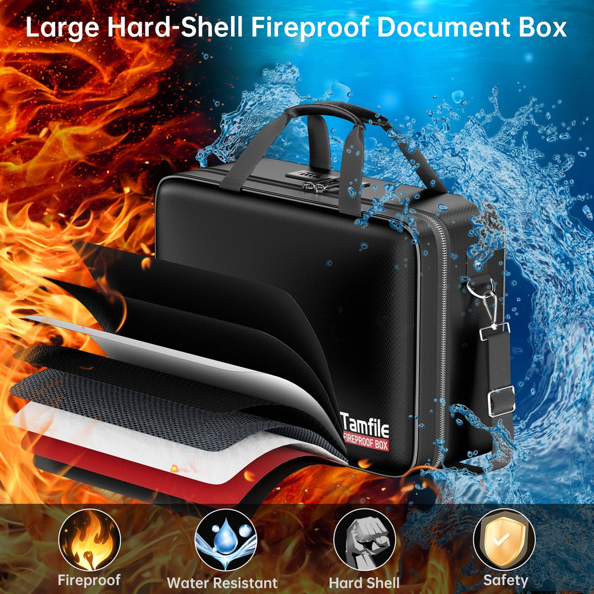 Tamfile Fireproof Document Box with Lock, Large Hard File Organizer, Black