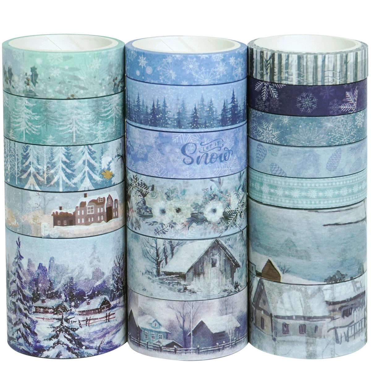 YUBX Winter Washi Tape Set 18 Rolls Landscaping Snow Embellishment Blue White Decorative Masking