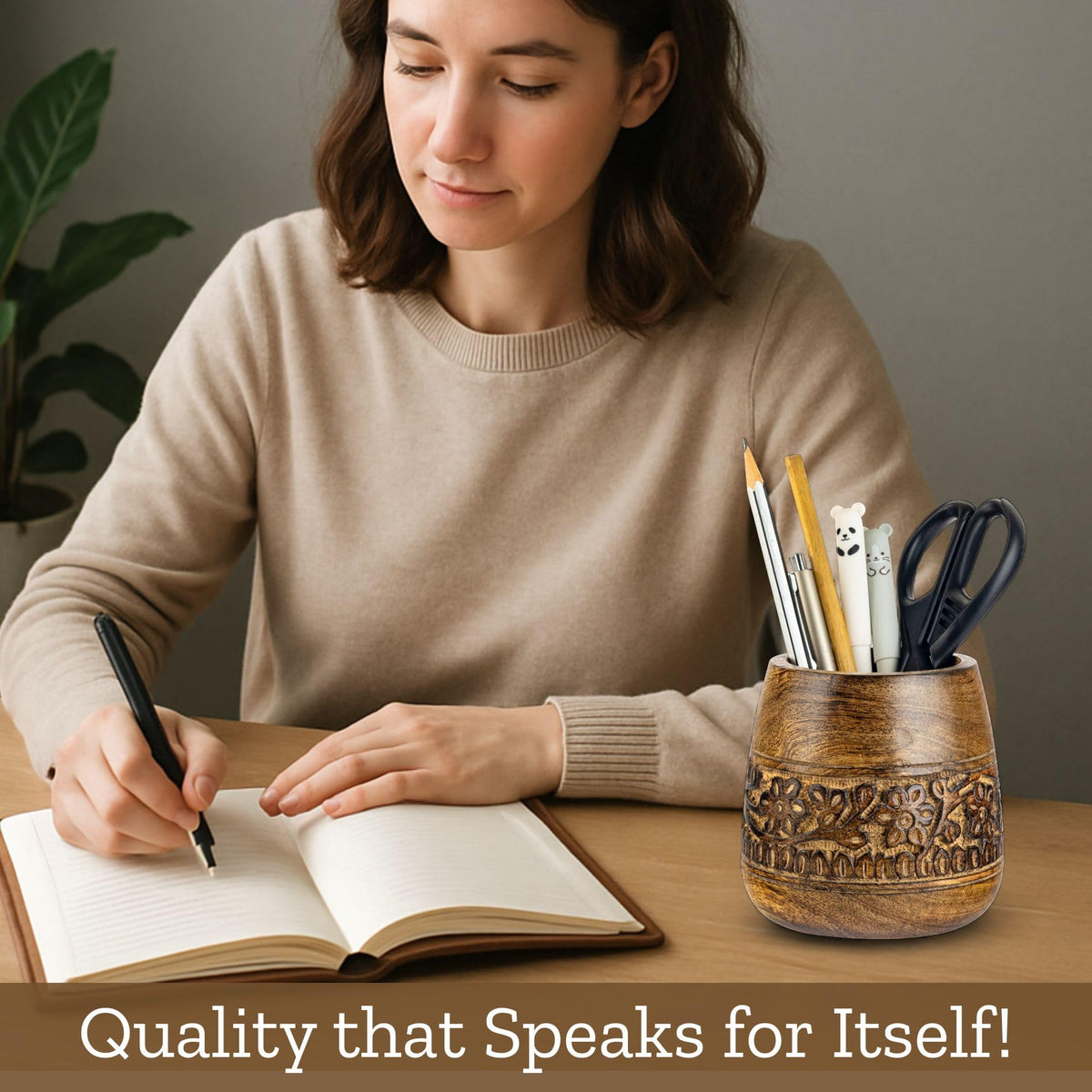 Mie Creations Rustic Pencil Holder, Wooden Pen Stand, Table Desk Organizer