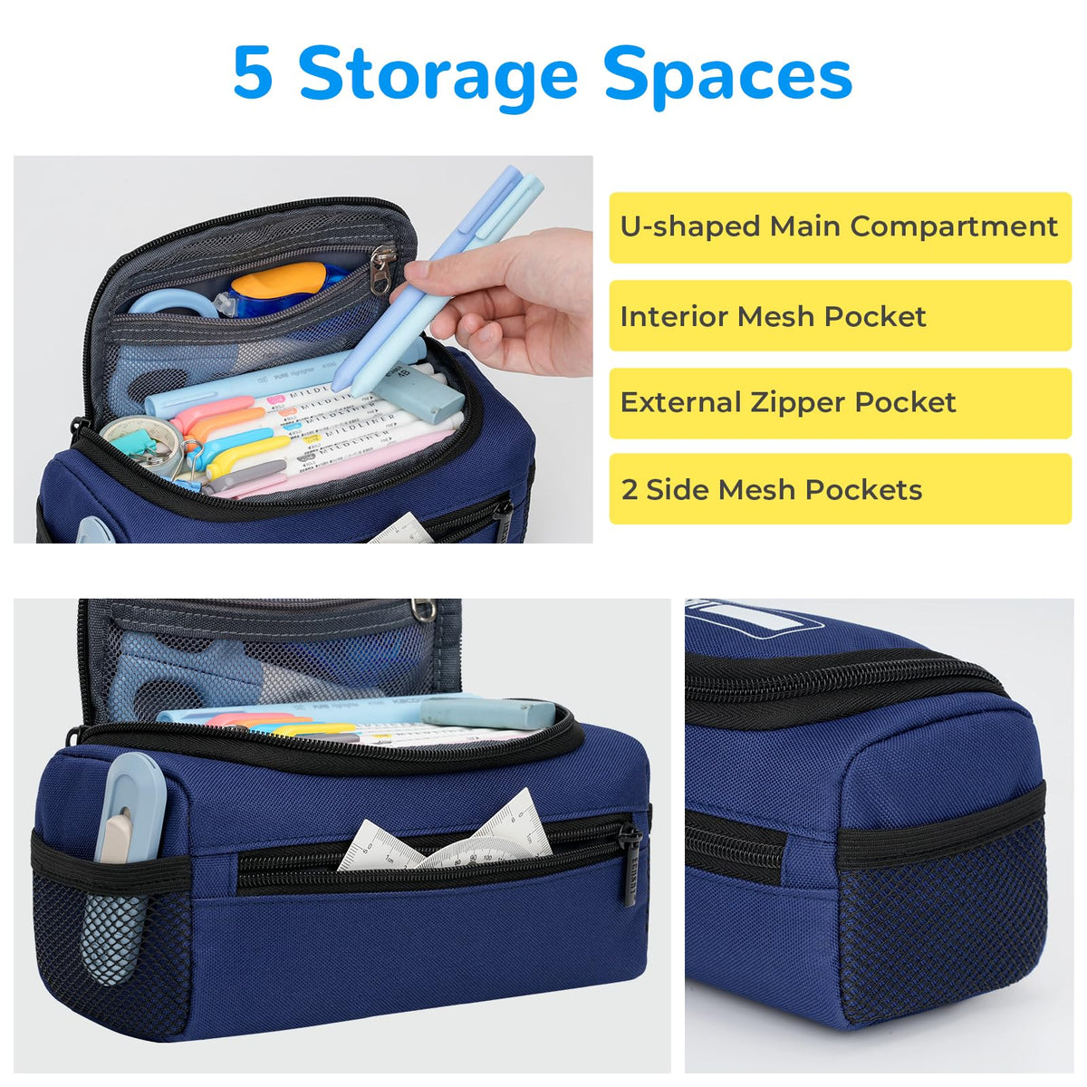 ECHSRT Large Pencil Case Organizer, Big Capacity U-Shaped Pen Pouch, Blue