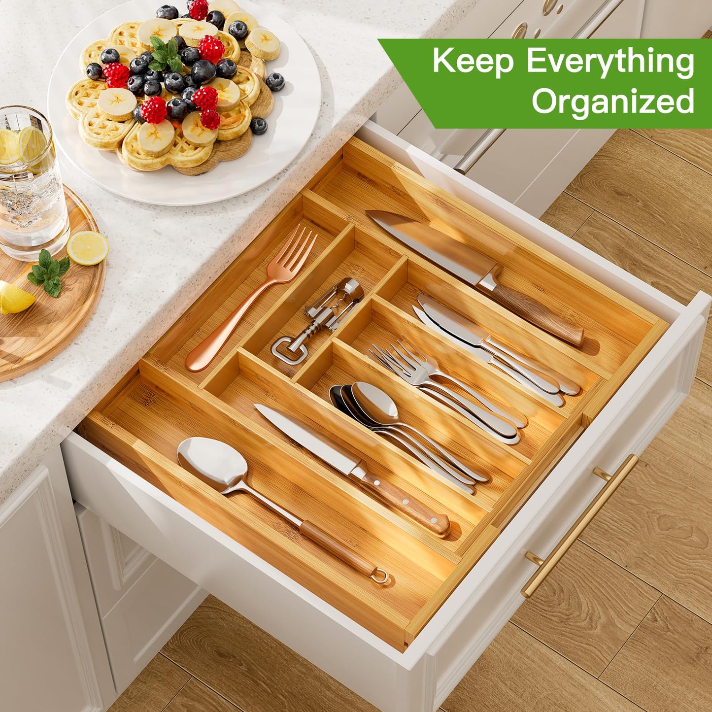Pipishell Bamboo Expandable Drawer Organizer for Utensils Holder, Adjustable Cutlery Tray, Wood