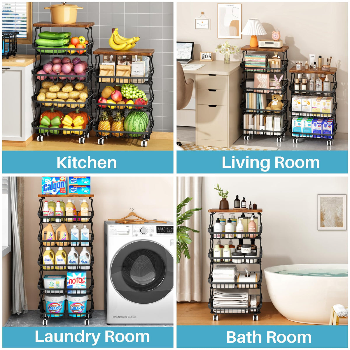 4 Tier Vegetable Fruit Basket for Kitchen, Stackable Metal Fruit and Vegetable Storage Baskets with