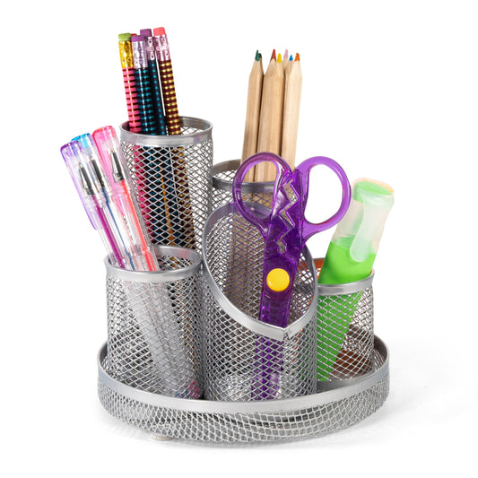 Osco Mesh Pencil Pot Scratch-Resistant with Non-Marking Base 5 Tube Silver