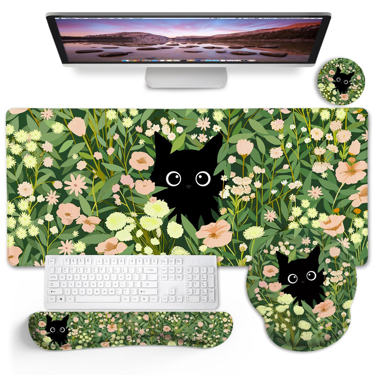 Blusabaca Black Cat Mouse Pad, Funny Cute Desk Mat Office Accessories Decor