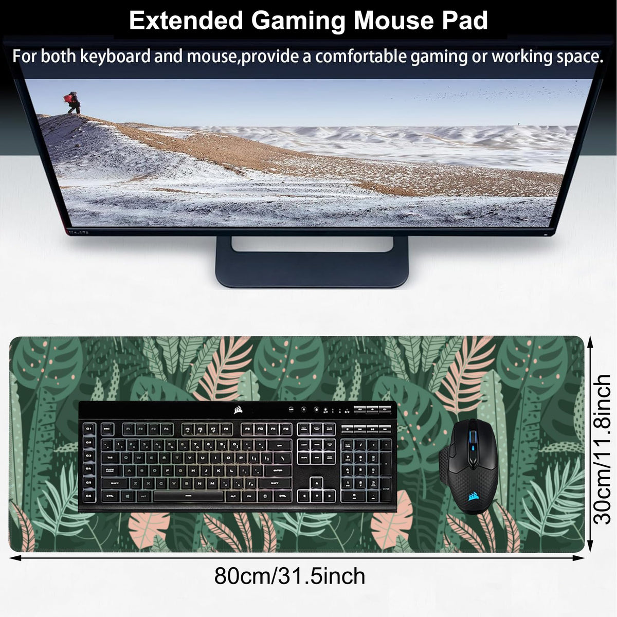 Tropical Plants and Leaves Desk Mat,Large Tropical Palm Leaves Gaming Keyboard Mouse Pad,Non-Slip