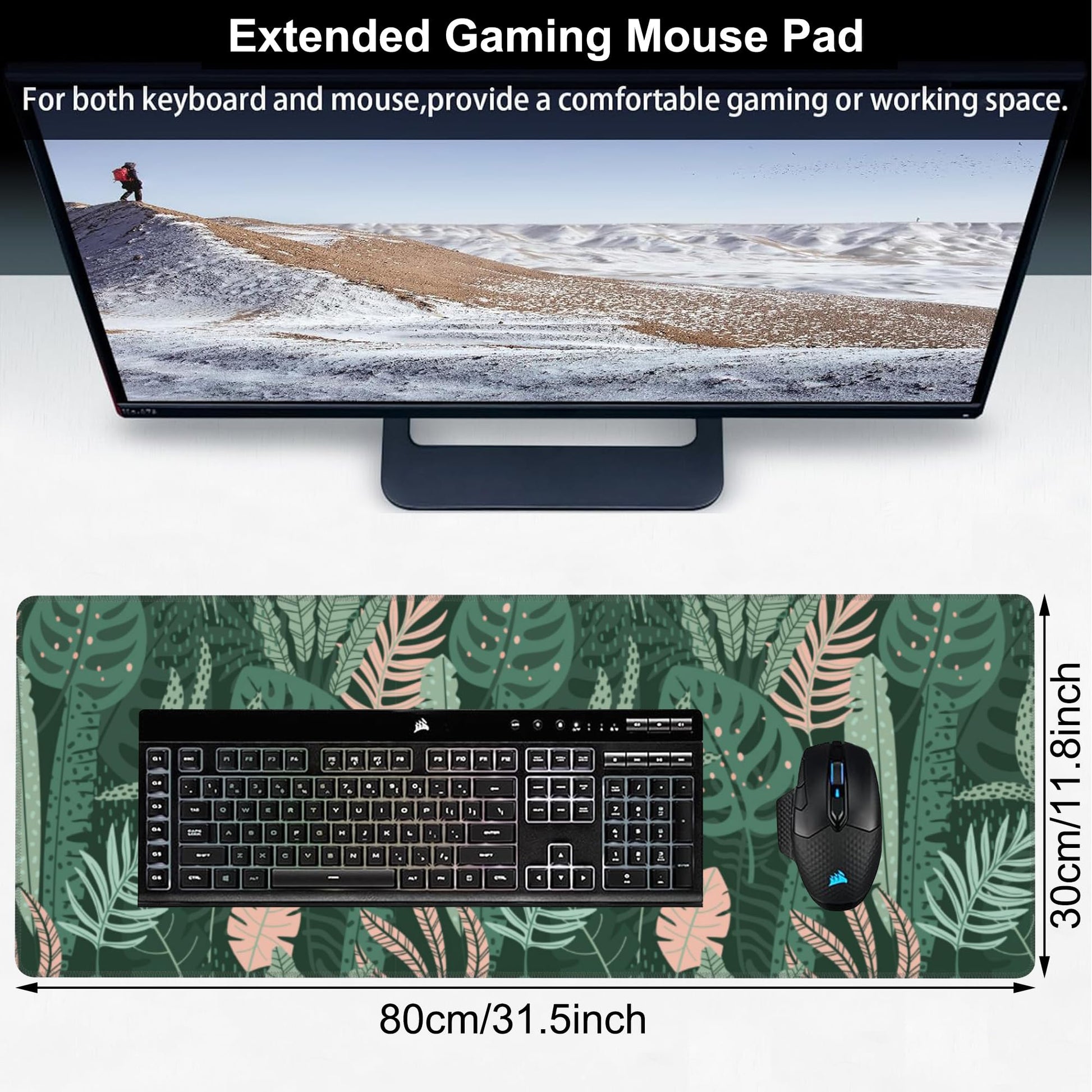Tropical Plants and Leaves Desk Mat,Large Tropical Palm Leaves Gaming Keyboard Mouse Pad,Non-Slip