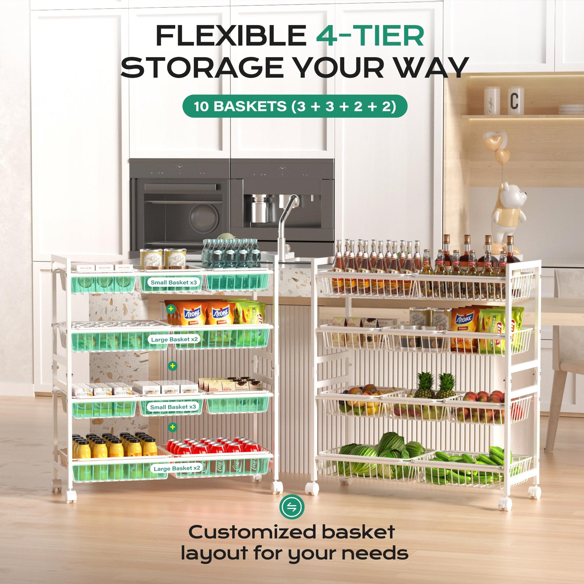 Cinati 4-Tier Snack Cart with Wheels, 29''W Toy Storage Organizer, Rolling Pantry Storage Cart with