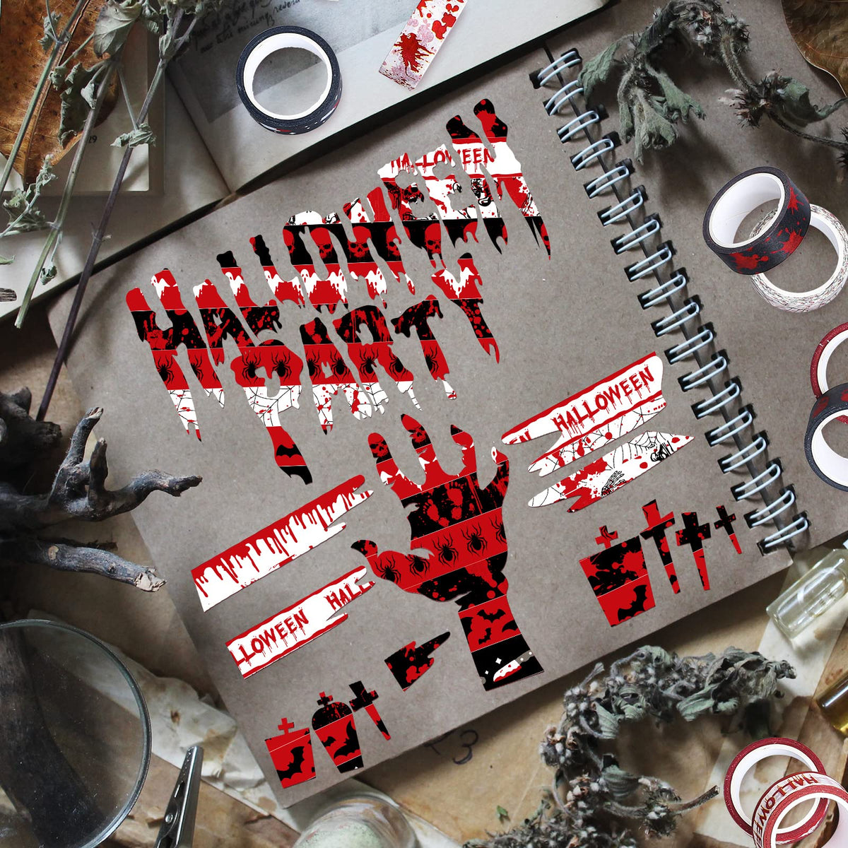 Whaline 12 Rolls Halloween Bloody Washi Tapes Blood Spatter Spooky Bloodstain Skull Ghost Masking