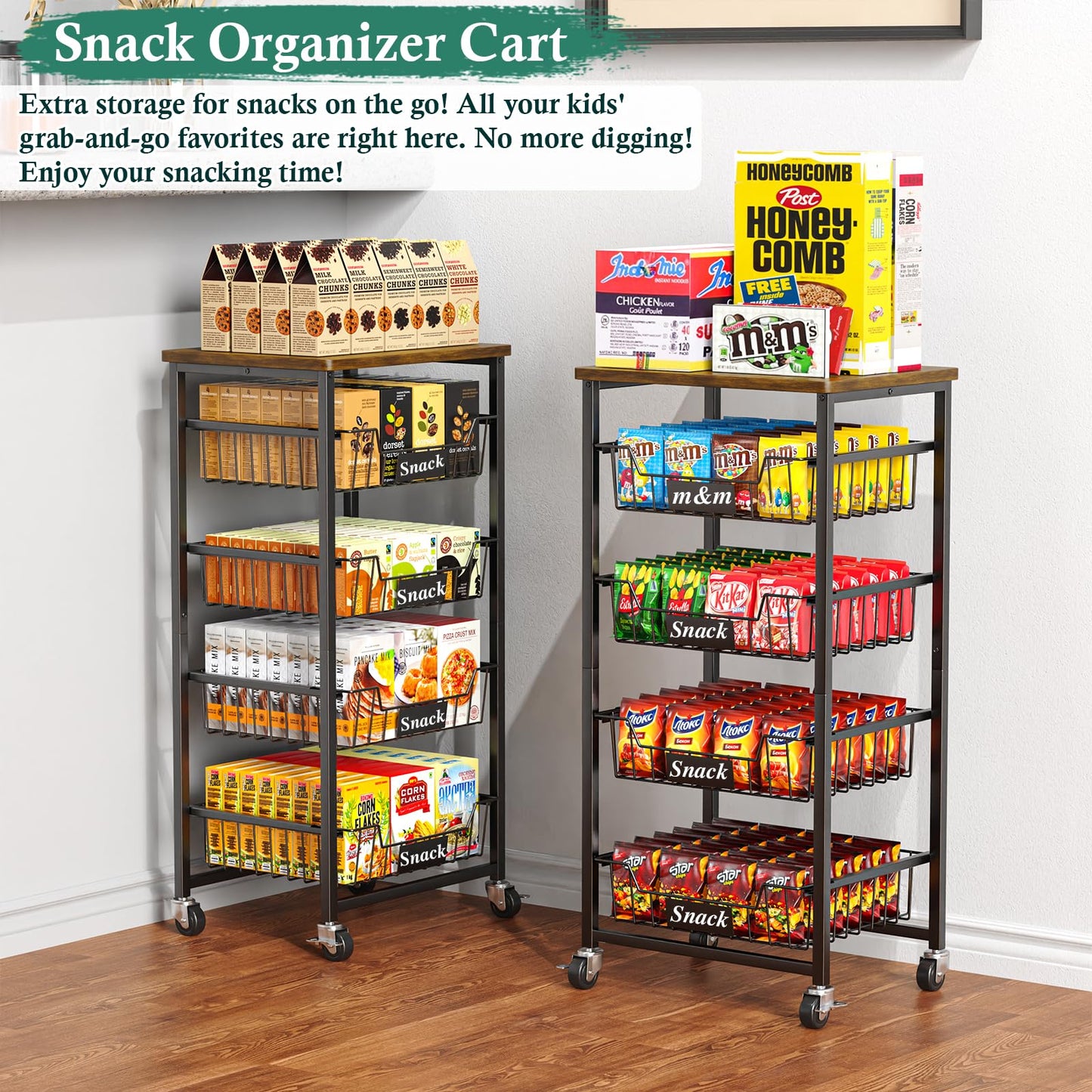 OKZEST 5-Tier Kitchen Storage Cart with 4 Upgraded Drawer Basket & Wood Top