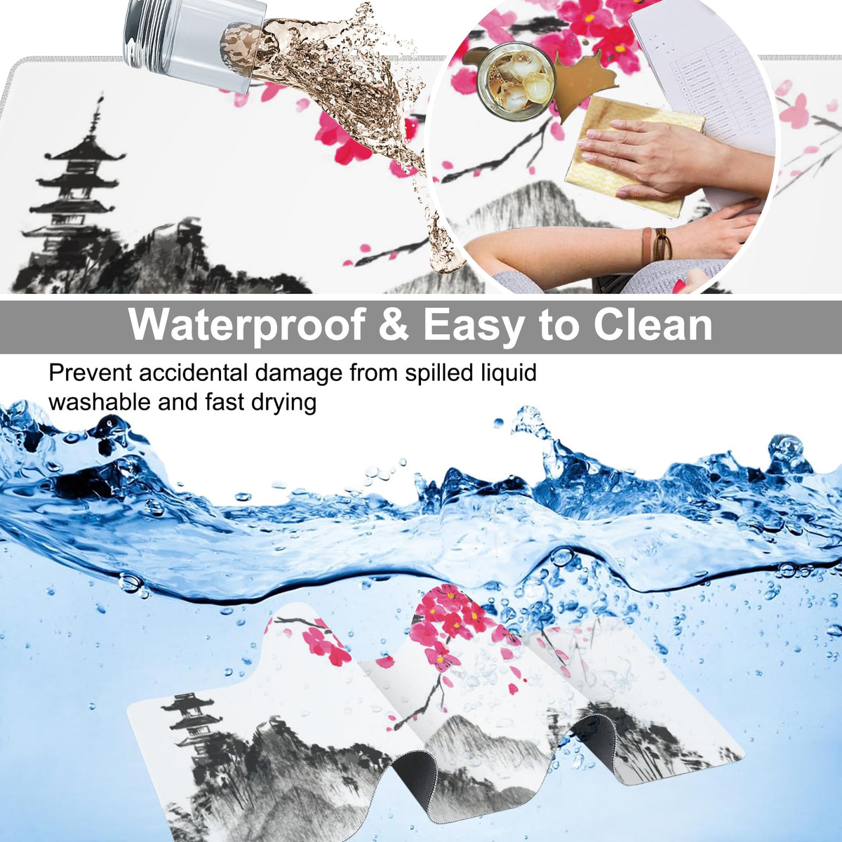 Chinese Ink Painting Desk Mat,Large Abstract Landscape Painting Gaming Keyboard Mouse Pad,Non-Slip