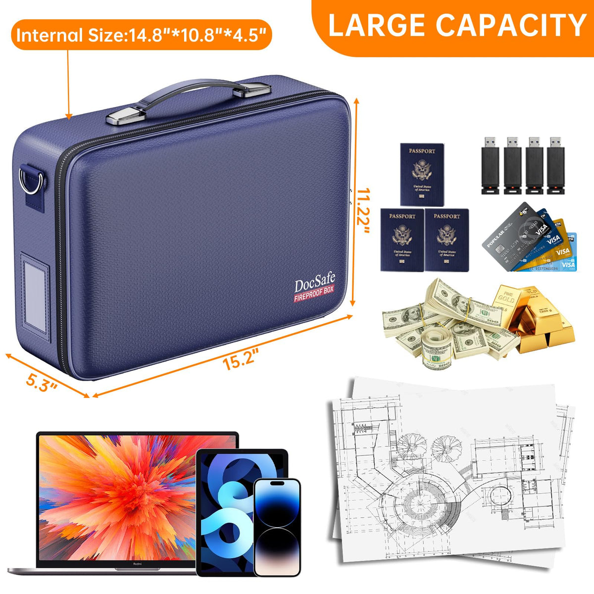 DocSafe Fireproof Document Box Hard Case with Lock ＆ Accordion File Folder