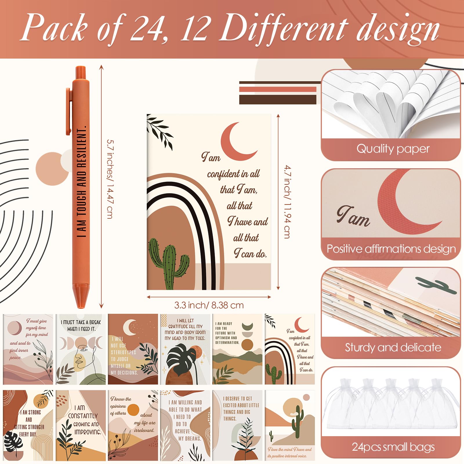 Mooliwe 24 Set/48 Pcs Positive Affirmation Gift Set Gratitude Notebooks with Pens Small Bags