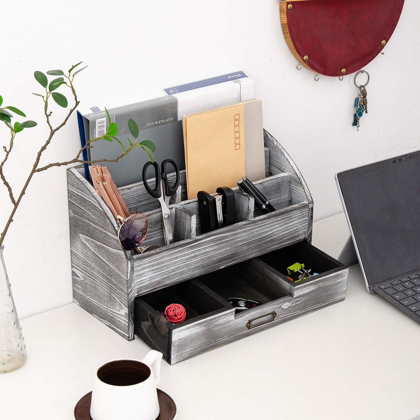 canwedance Distressed Rustic Wooden Office Desk Organizer 5 Compartment with 2 Drawer &Counter Desk