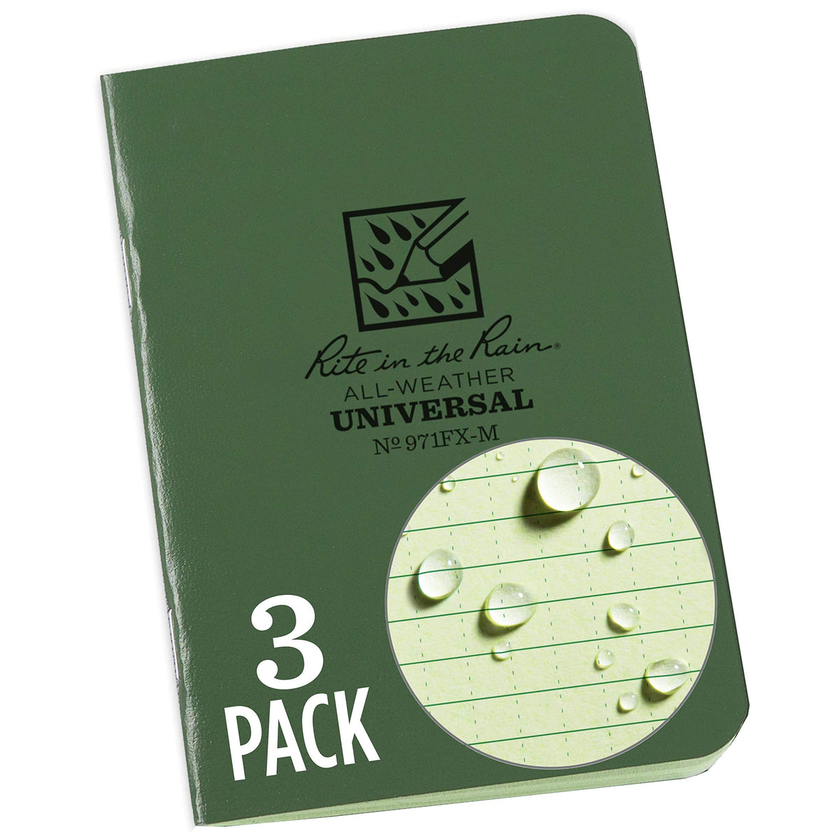 Rite in the Rain Weatherproof Mini Stapled Notebook, 3.25" x 4.625", Green Cover, Universal