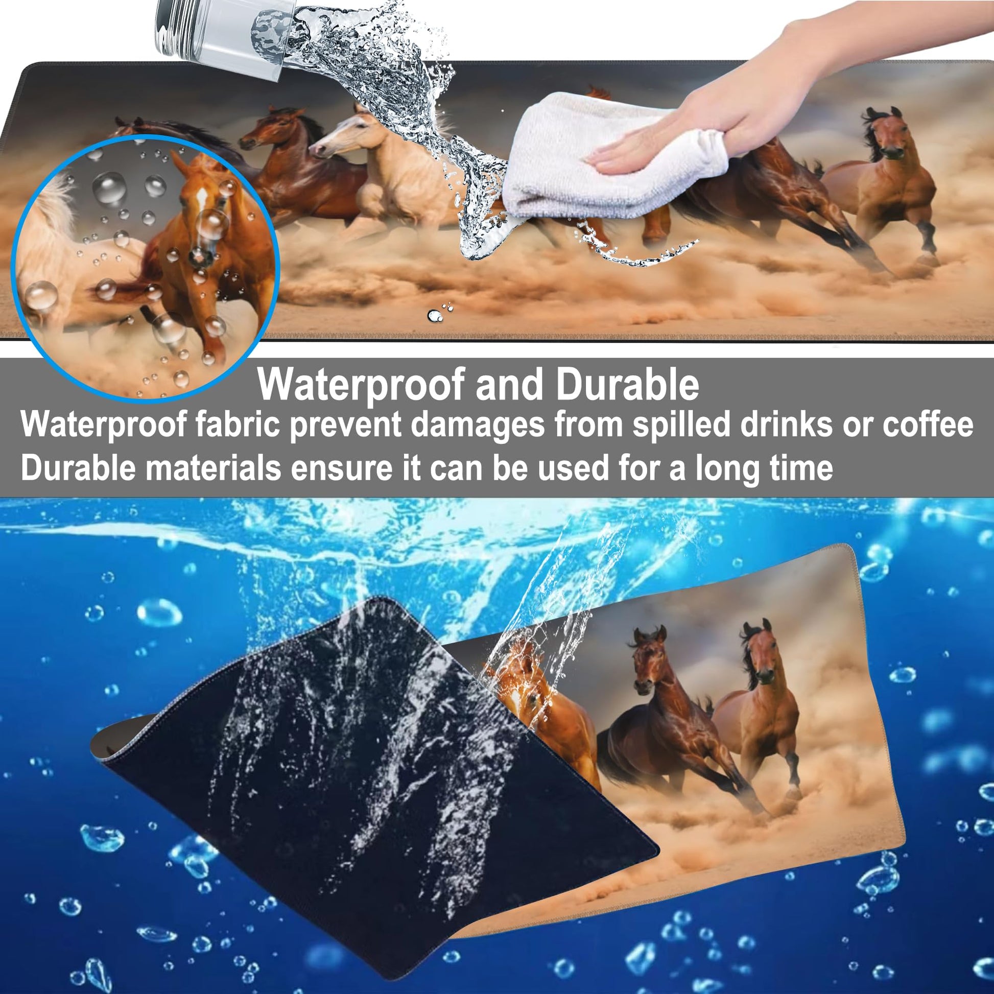 Mouse Pad, Large Running Horse Herd Desk Mat, Extended Non-Slip Gaming Keyboard Mousepad Desk Pad